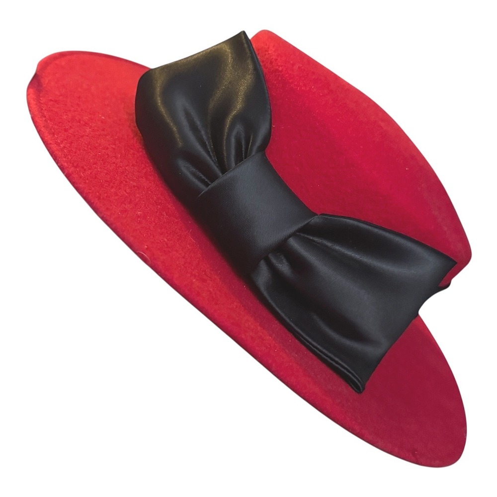 Michael Howard Red Wool Boater Hat Black Bow Made USA Statement Brunch‎ Chic